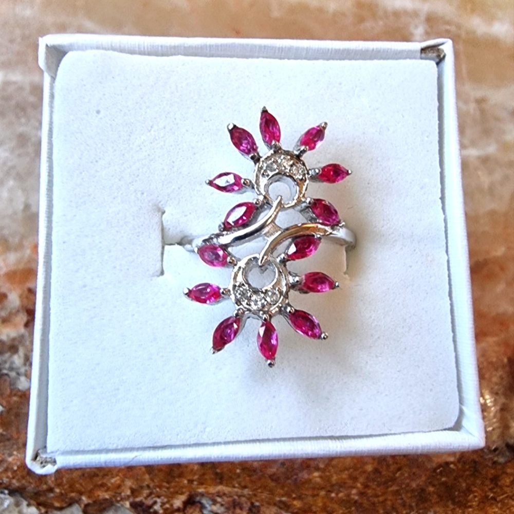 Sterling Silver Petal Burst Ruby Lab Created  Floral Ring